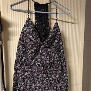 Black & Off-white Floral Crochet-Back Spaghetti Strap Top